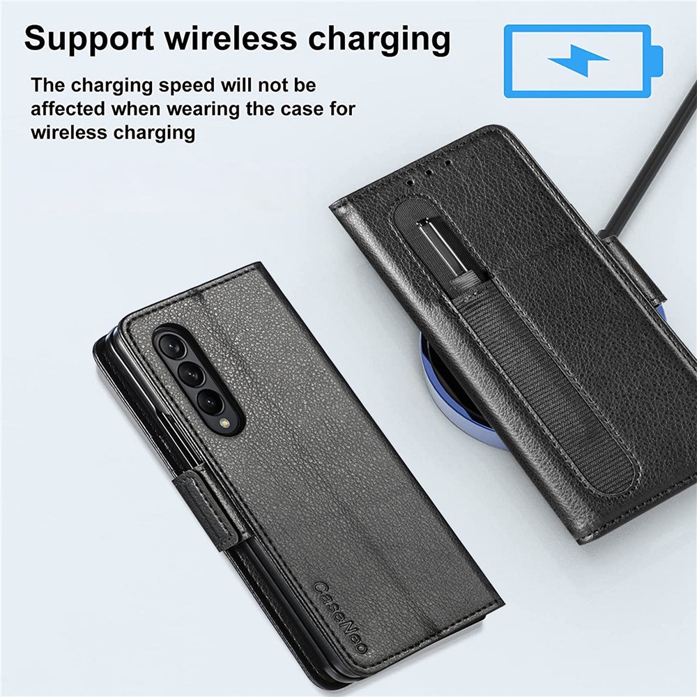 CASENEO Hard PC and PU Leather Phone Flip Cover Pen Slot Magnetic Phone Case Stand Wallet for Samsung Galaxy Z Fold3 5G - Black-4
