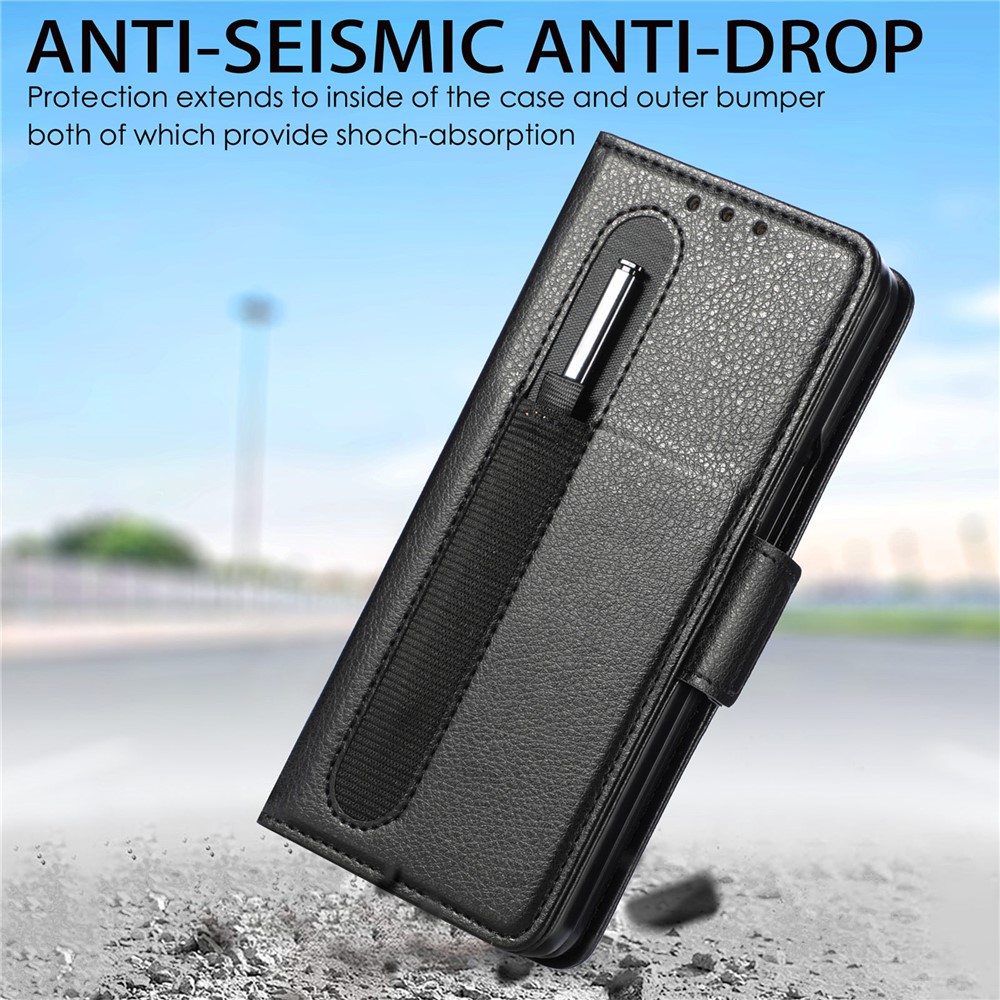 CASENEO Hard PC and PU Leather Phone Flip Cover Pen Slot Magnetic Phone Case Stand Wallet for Samsung Galaxy Z Fold3 5G - Black-5