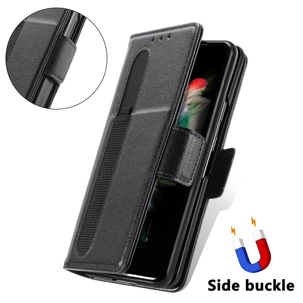 CASENEO Hard PC and PU Leather Phone Flip Cover Pen Slot Magnetic Phone Case Stand Wallet for Samsung Galaxy Z Fold3 5G - Black-6