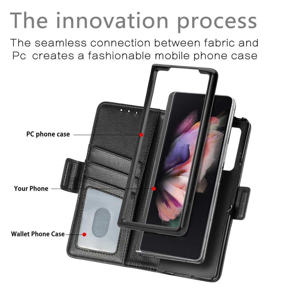 CASENEO Hard PC and PU Leather Phone Flip Cover Pen Slot Magnetic Phone Case Stand Wallet for Samsung Galaxy Z Fold3 5G - Black-7