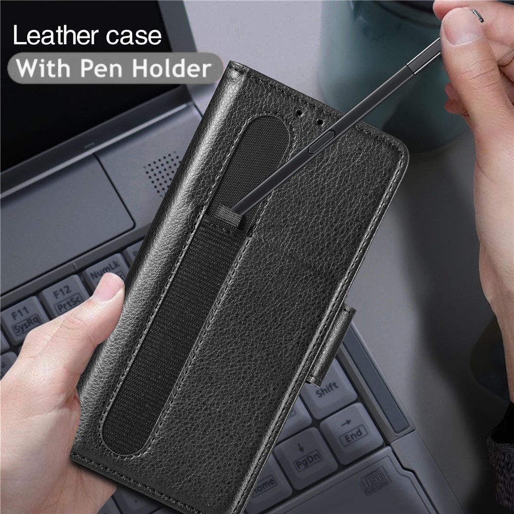 CASENEO Hard PC and PU Leather Phone Flip Cover Pen Slot Magnetic Phone Case Stand Wallet for Samsung Galaxy Z Fold3 5G - Black-8