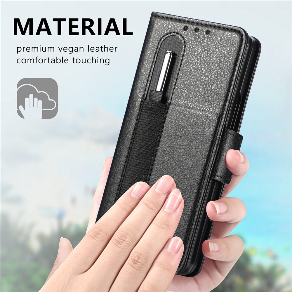 CASENEO Hard PC and PU Leather Phone Flip Cover Pen Slot Magnetic Phone Case Stand Wallet for Samsung Galaxy Z Fold3 5G - Black-9