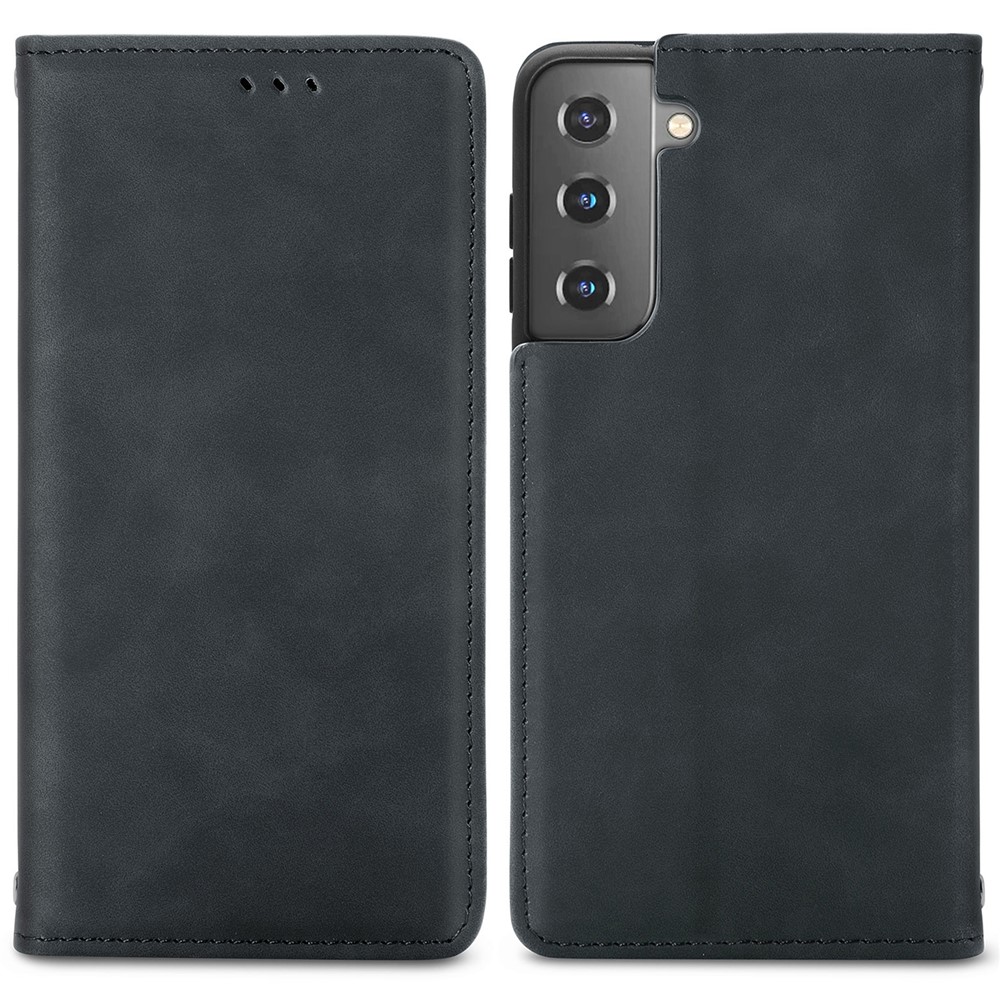 Phone Protective Cover Compatible for Samsung Galaxy S22 Retro Style Skin-Touch Surface PU Leather Flip Phone Case with Stand Card Slots - Black-1