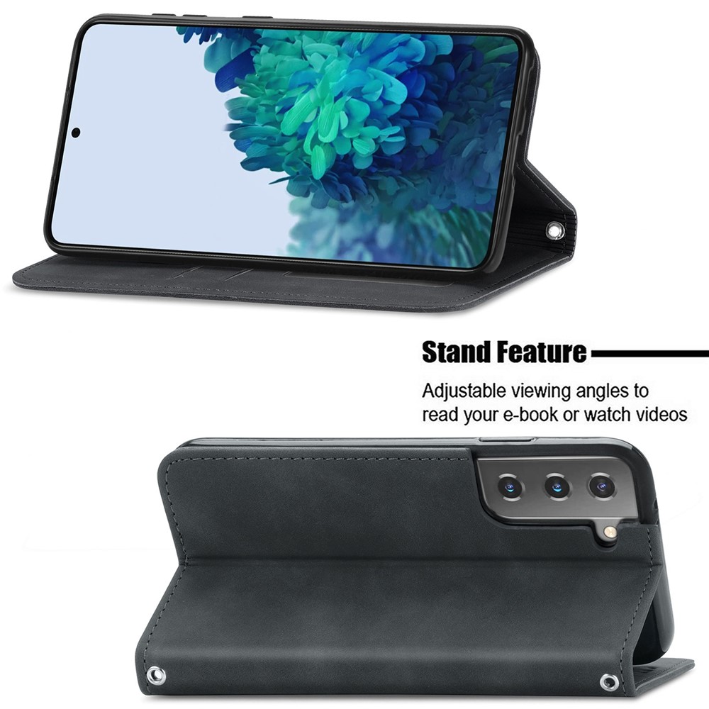 Phone Protective Cover Compatible for Samsung Galaxy S22 Retro Style Skin-Touch Surface PU Leather Flip Phone Case with Stand Card Slots - Black-2