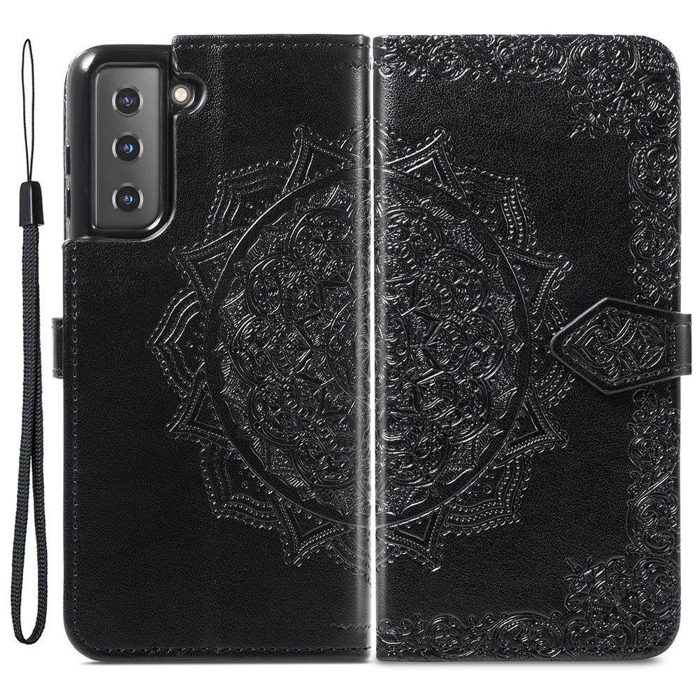 Embossed Workmanship Stylish Mandala Pattern PU Leather Magnetic Cover Wallet Stand Flip Protective Case with Strap for Samsung Galaxy S22 - Black-1