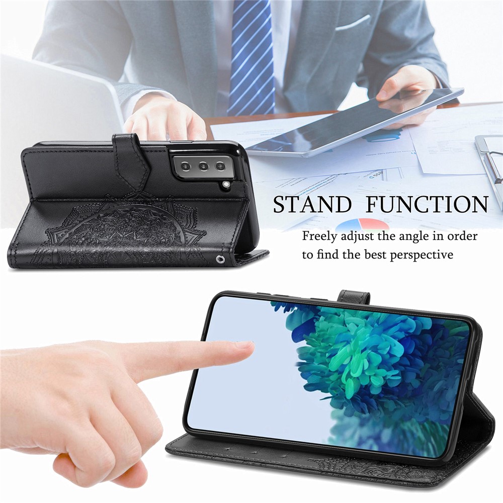 Embossed Workmanship Stylish Mandala Pattern PU Leather Magnetic Cover Wallet Stand Flip Protective Case with Strap for Samsung Galaxy S22 - Black-2