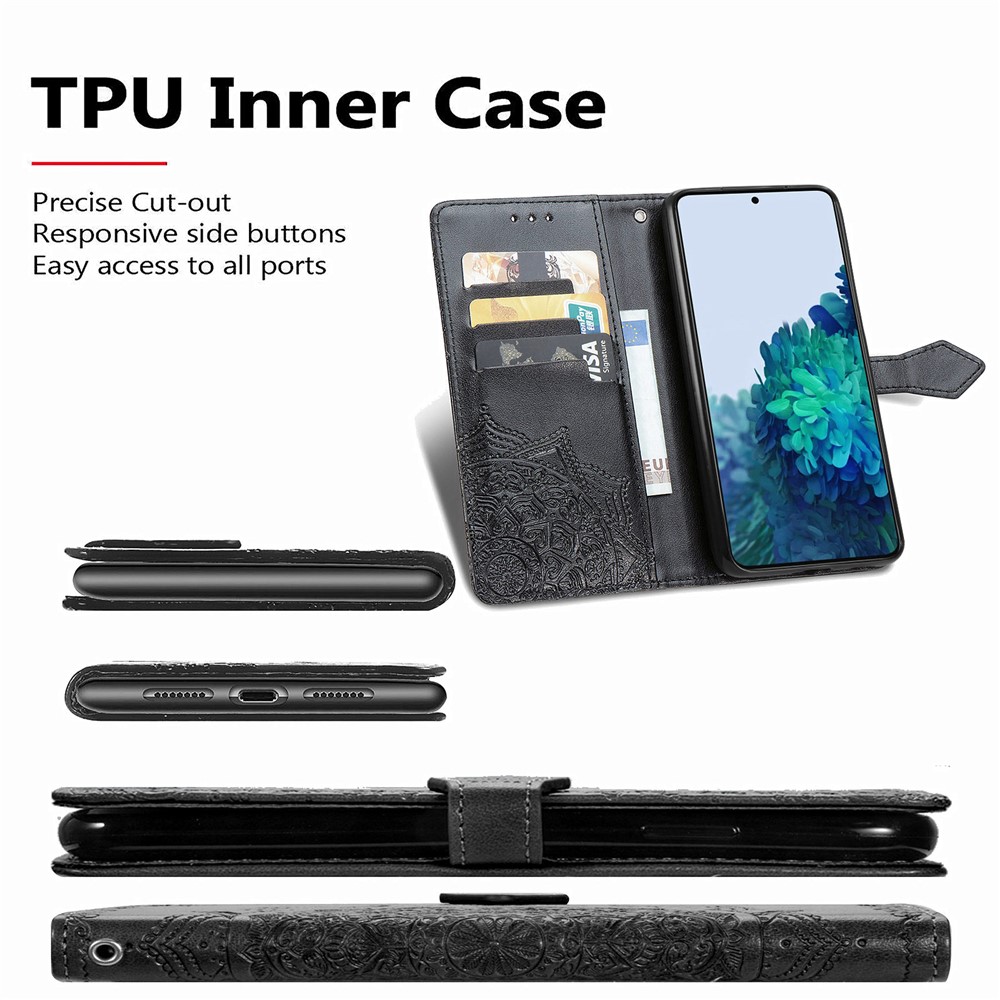 Embossed Workmanship Stylish Mandala Pattern PU Leather Magnetic Cover Wallet Stand Flip Protective Case with Strap for Samsung Galaxy S22 - Black-3