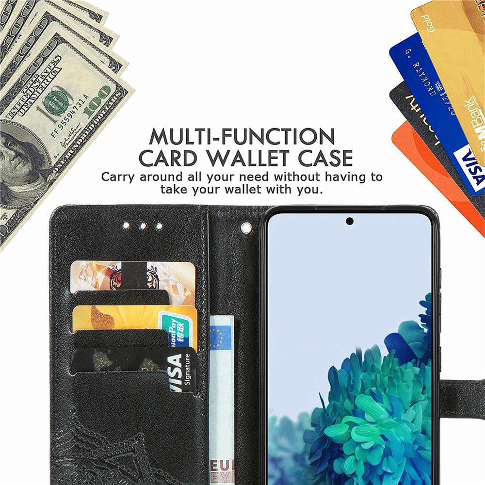 Embossed Workmanship Stylish Mandala Pattern PU Leather Magnetic Cover Wallet Stand Flip Protective Case with Strap for Samsung Galaxy S22 - Black-6