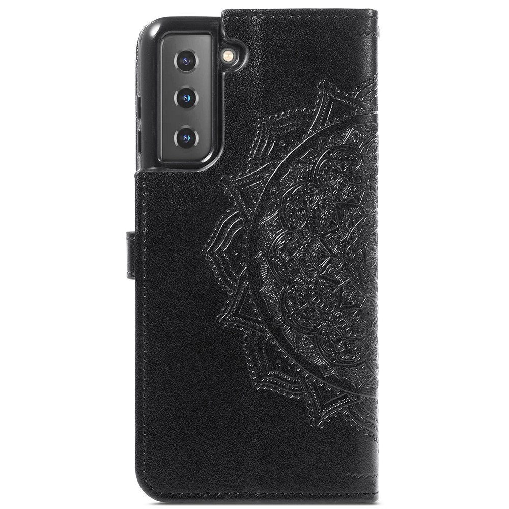 Embossed Workmanship Stylish Mandala Pattern PU Leather Magnetic Cover Wallet Stand Flip Protective Case with Strap for Samsung Galaxy S22 - Black-9