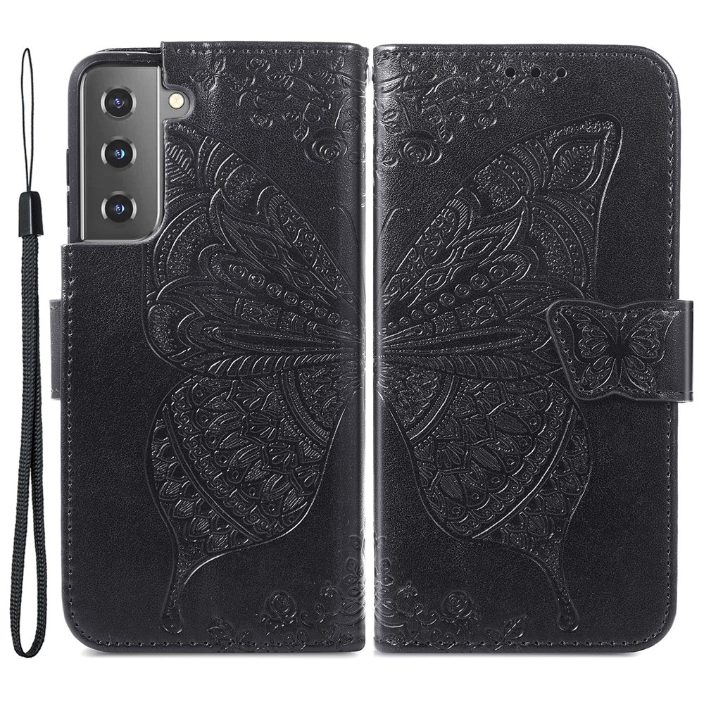 Fashionable Imprinted Butterfly Flower Scratch-resistant PU Leather + TPU Shockproof Phone Case Flip Stand Cover with Strap for Samsung Galaxy S22 - Black-1