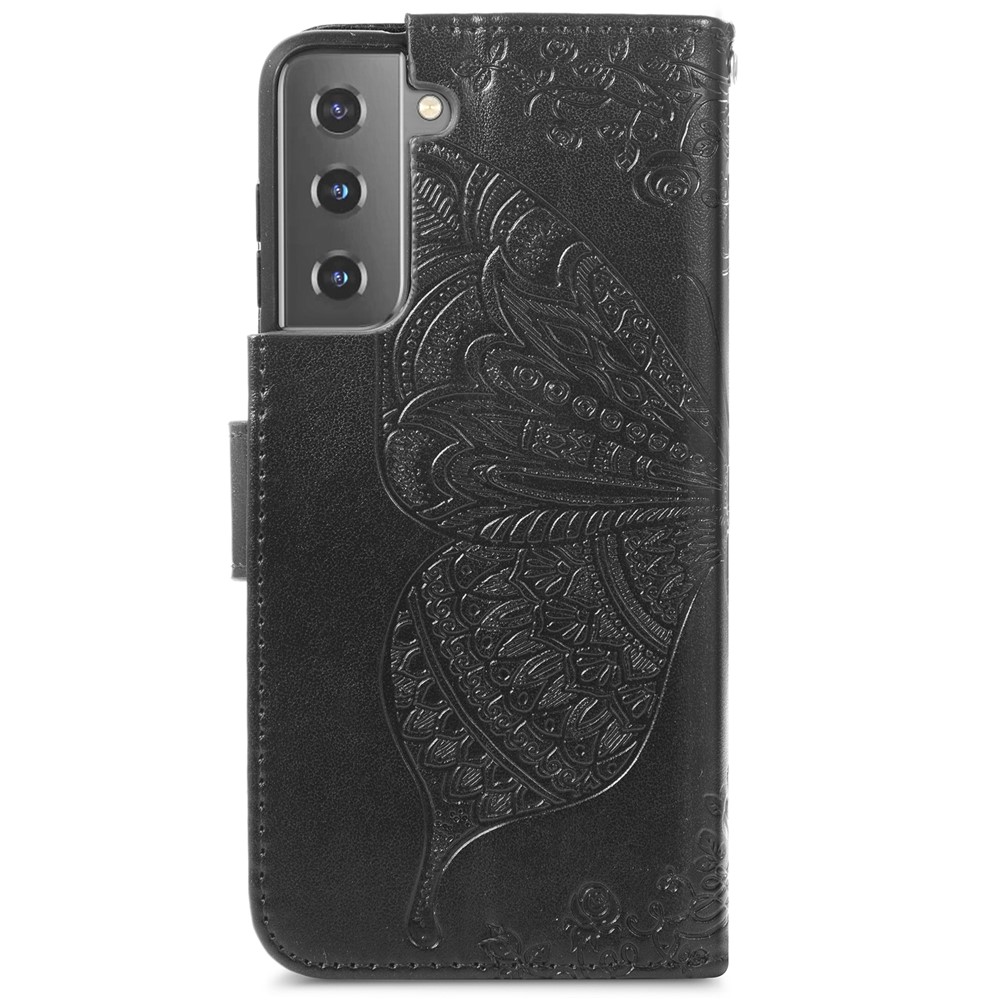 Fashionable Imprinted Butterfly Flower Scratch-resistant PU Leather + TPU Shockproof Phone Case Flip Stand Cover with Strap for Samsung Galaxy S22 - Black-10