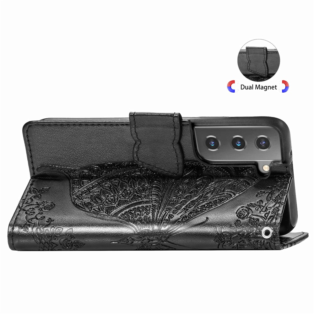 Fashionable Imprinted Butterfly Flower Scratch-resistant PU Leather + TPU Shockproof Phone Case Flip Stand Cover with Strap for Samsung Galaxy S22 - Black-5