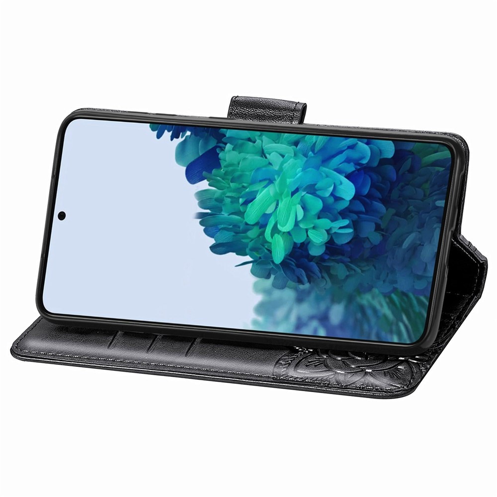 Fashionable Imprinted Butterfly Flower Scratch-resistant PU Leather + TPU Shockproof Phone Case Flip Stand Cover with Strap for Samsung Galaxy S22 - Black-6