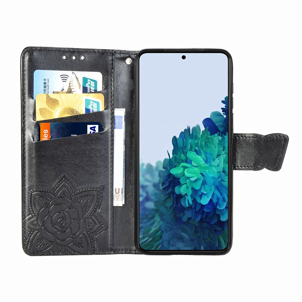 Fashionable Imprinted Butterfly Flower Scratch-resistant PU Leather + TPU Shockproof Phone Case Flip Stand Cover with Strap for Samsung Galaxy S22 - Black-7
