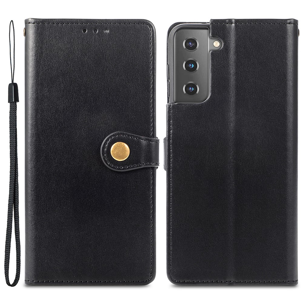 Wallet Stand Design Scratch-resistant Drop-proof PU Leather Magnetic Round Buckle Flip Cover with Strap for Samsung Galaxy S22 - Black-1