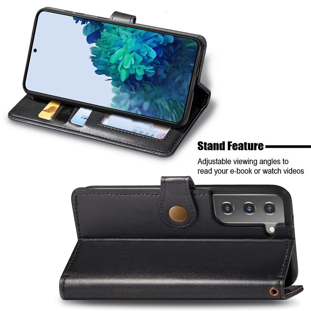 Wallet Stand Design Scratch-resistant Drop-proof PU Leather Magnetic Round Buckle Flip Cover with Strap for Samsung Galaxy S22 - Black-2