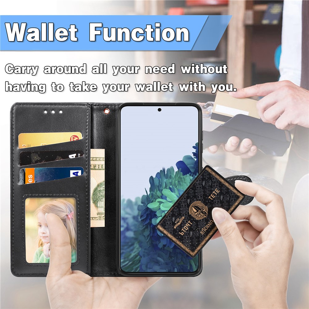Wallet Stand Design Scratch-resistant Drop-proof PU Leather Magnetic Round Buckle Flip Cover with Strap for Samsung Galaxy S22 - Black-6
