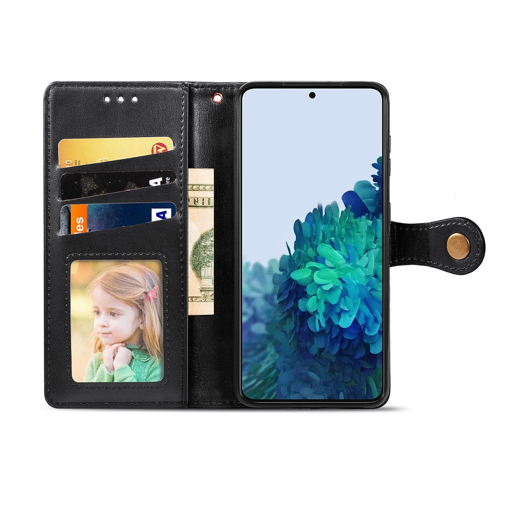 Wallet Stand Design Scratch-resistant Drop-proof PU Leather Magnetic Round Buckle Flip Cover with Strap for Samsung Galaxy S22 - Black-7