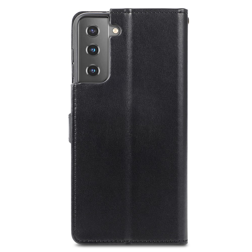 Wallet Stand Design Scratch-resistant Drop-proof PU Leather Magnetic Round Buckle Flip Cover with Strap for Samsung Galaxy S22 - Black-9