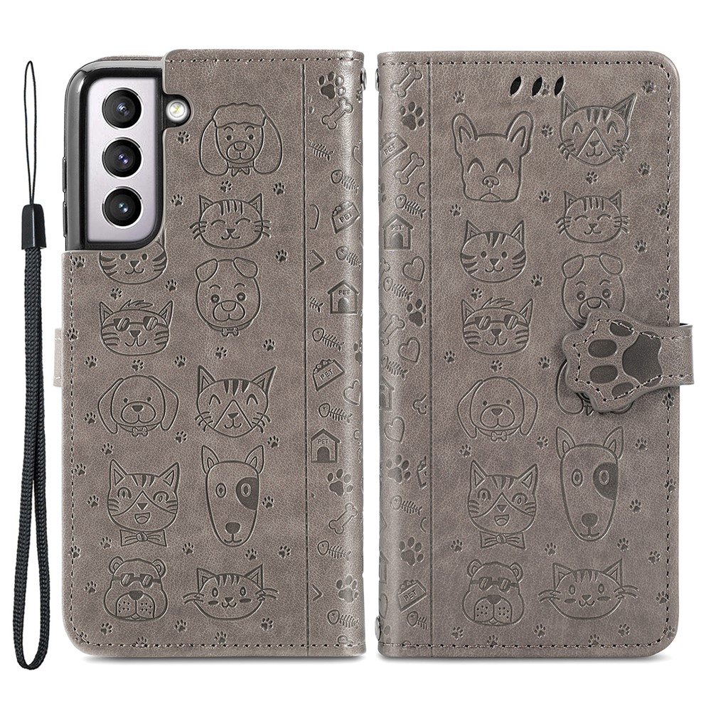 Fashionable Imprinted Cat Dog Pattern PU Leather Flip Stand Wallet Case Shell with Strap for Samsung Galaxy S22 - Grey-1
