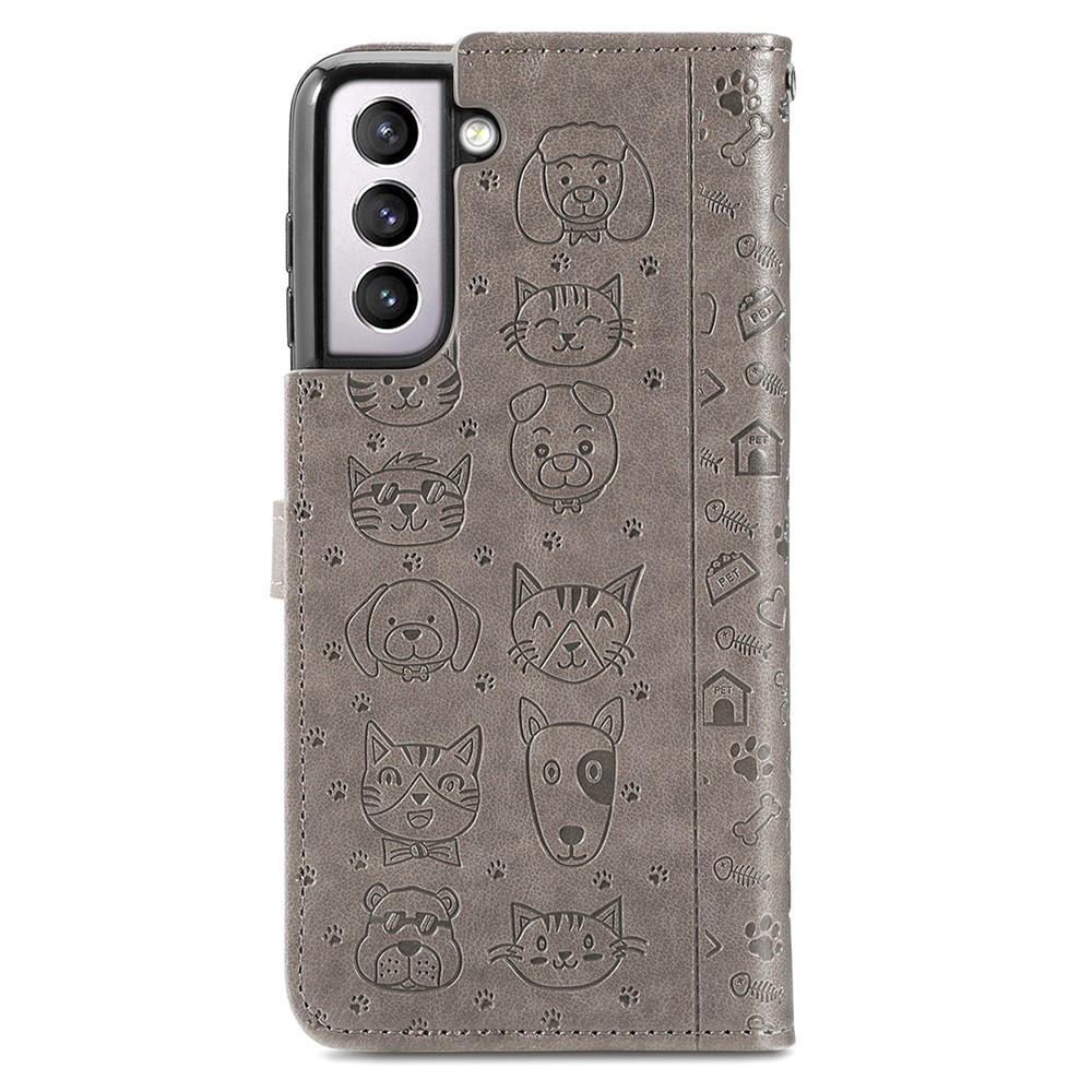 Fashionable Imprinted Cat Dog Pattern PU Leather Flip Stand Wallet Case Shell with Strap for Samsung Galaxy S22 - Grey-11