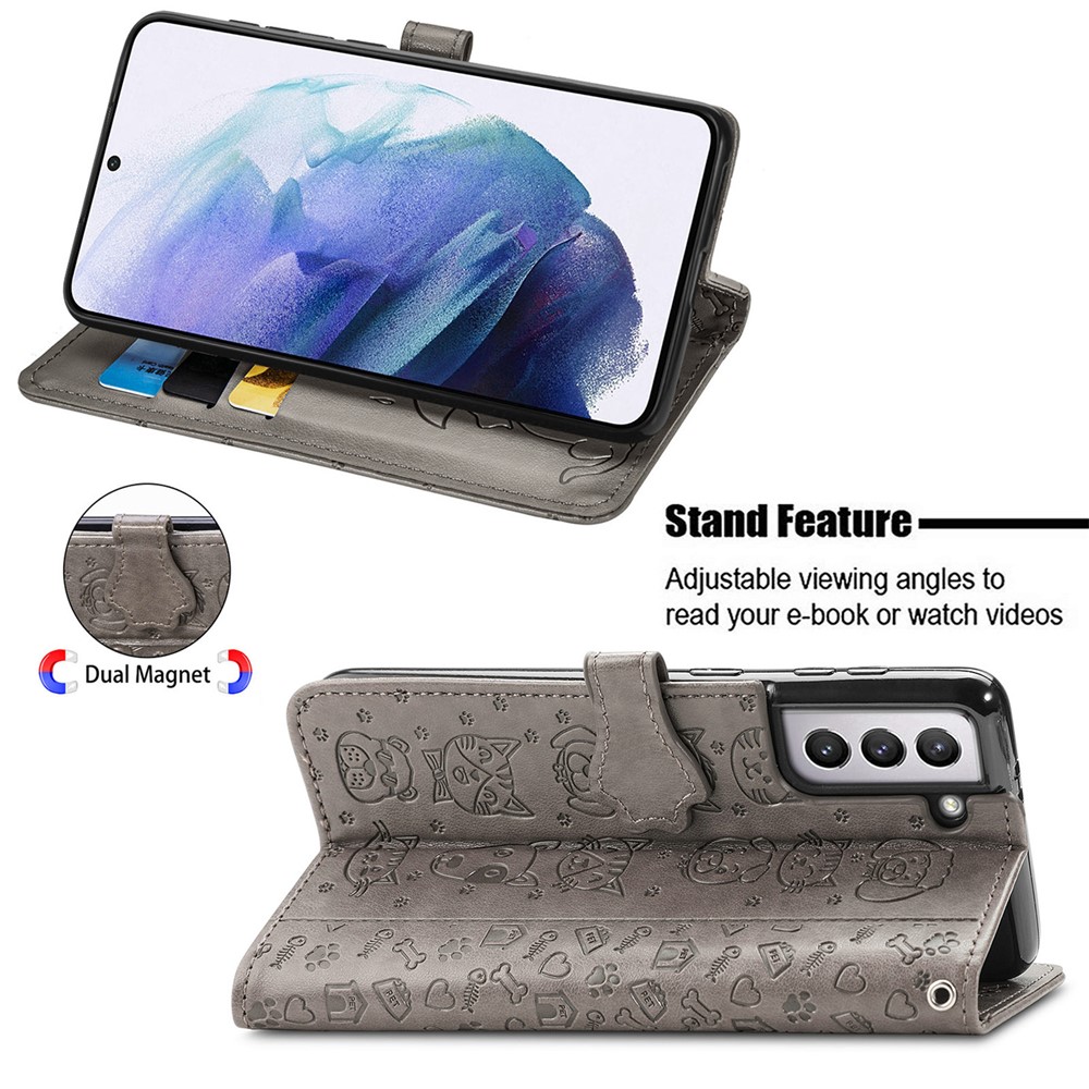 Fashionable Imprinted Cat Dog Pattern PU Leather Flip Stand Wallet Case Shell with Strap for Samsung Galaxy S22 - Grey-2