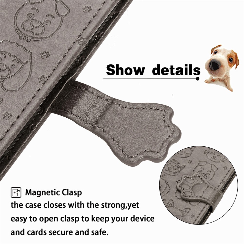 Fashionable Imprinted Cat Dog Pattern PU Leather Flip Stand Wallet Case Shell with Strap for Samsung Galaxy S22 - Grey-3