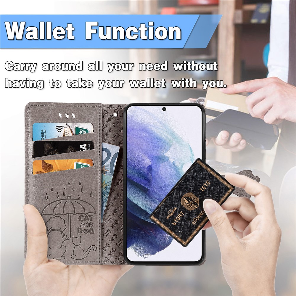 Fashionable Imprinted Cat Dog Pattern PU Leather Flip Stand Wallet Case Shell with Strap for Samsung Galaxy S22 - Grey-4