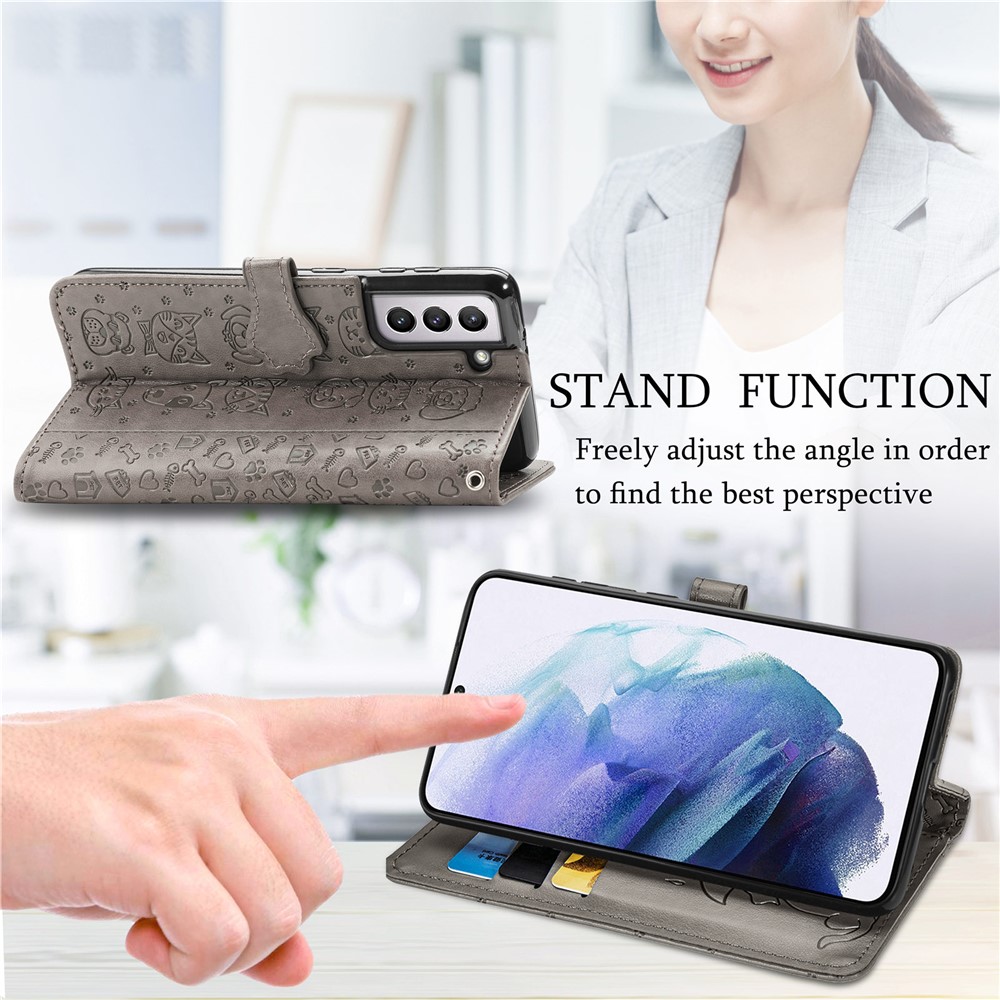 Fashionable Imprinted Cat Dog Pattern PU Leather Flip Stand Wallet Case Shell with Strap for Samsung Galaxy S22 - Grey-5