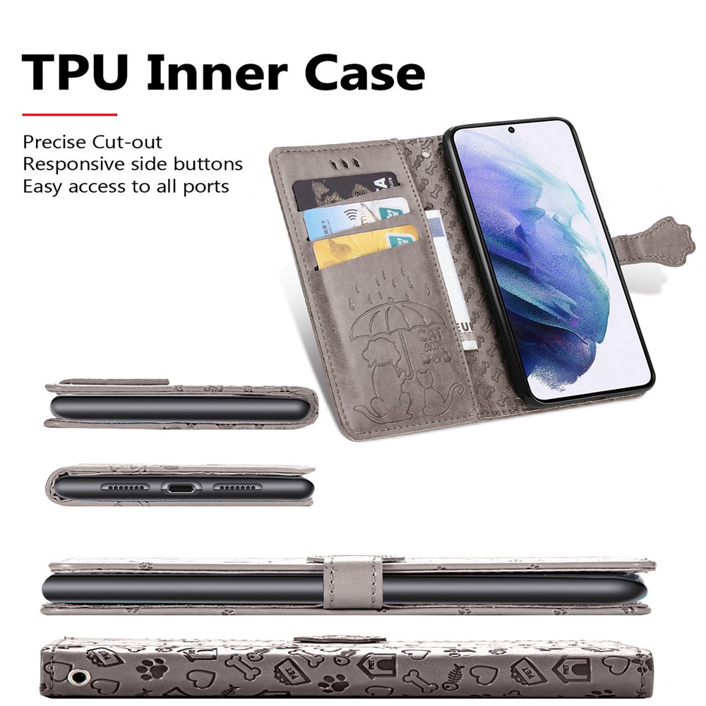 Fashionable Imprinted Cat Dog Pattern PU Leather Flip Stand Wallet Case Shell with Strap for Samsung Galaxy S22 - Grey-6