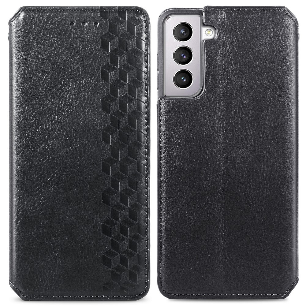 Fashionable Phone Flip Case Auto-absorbed Imprinting Rhombus Stand Wallet Leather Cover Magnetic Phone Covering for Samsung Galaxy S22 - Black-1