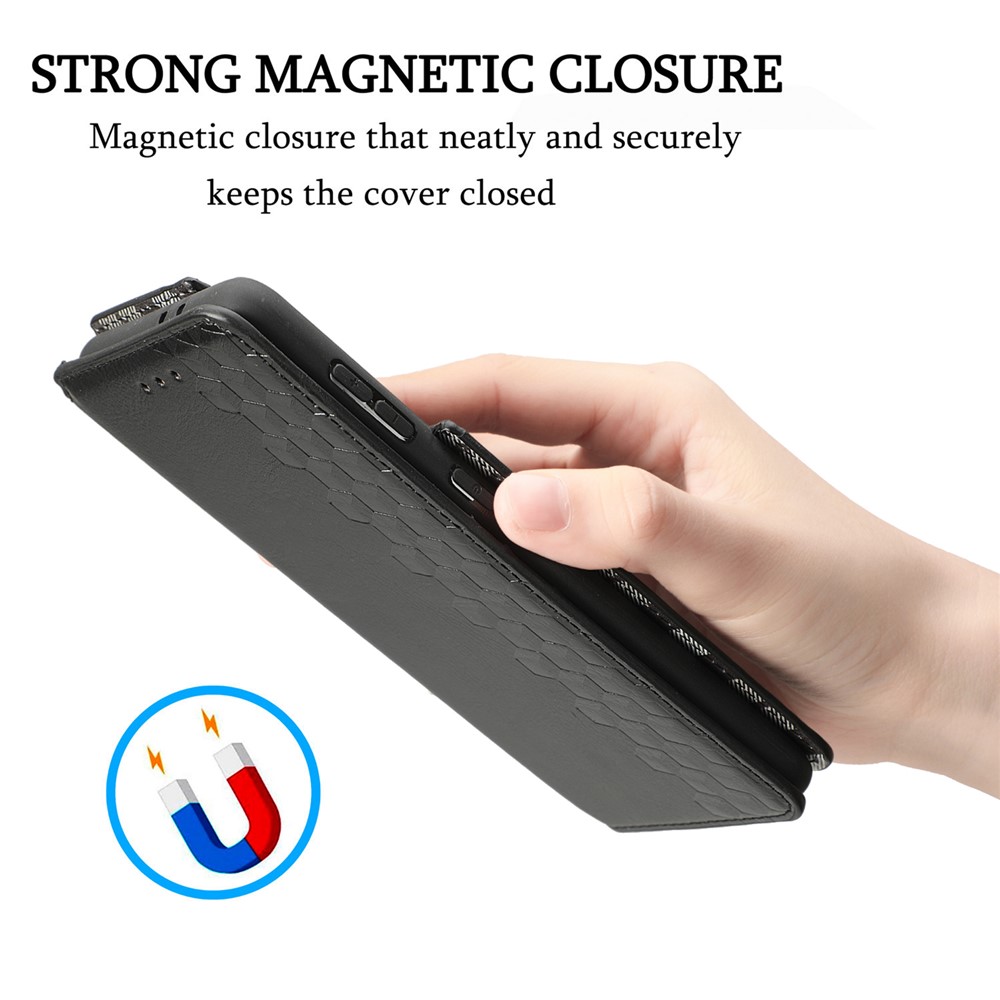 Fashionable Phone Flip Case Auto-absorbed Imprinting Rhombus Stand Wallet Leather Cover Magnetic Phone Covering for Samsung Galaxy S22 - Black-3