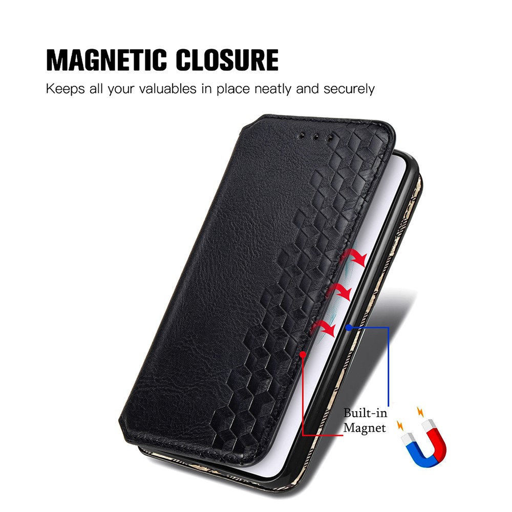Fashionable Phone Flip Case Auto-absorbed Imprinting Rhombus Stand Wallet Leather Cover Magnetic Phone Covering for Samsung Galaxy S22 - Black-4