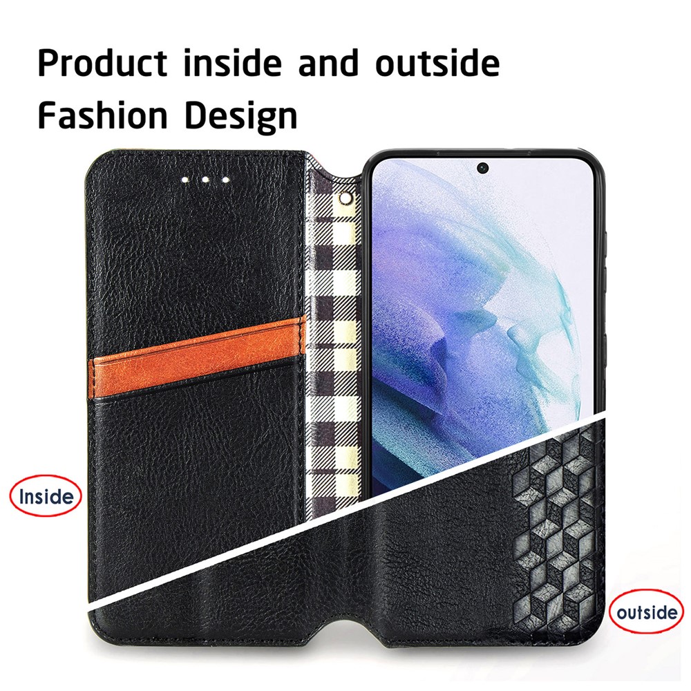 Fashionable Phone Flip Case Auto-absorbed Imprinting Rhombus Stand Wallet Leather Cover Magnetic Phone Covering for Samsung Galaxy S22 - Black-5