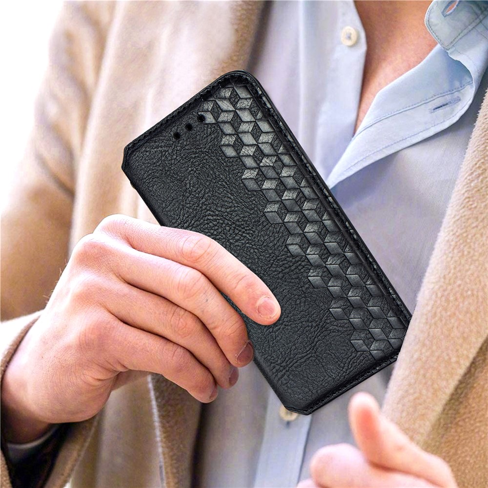 Fashionable Phone Flip Case Auto-absorbed Imprinting Rhombus Stand Wallet Leather Cover Magnetic Phone Covering for Samsung Galaxy S22 - Black-6