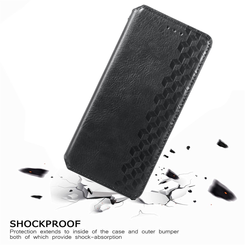 Fashionable Phone Flip Case Auto-absorbed Imprinting Rhombus Stand Wallet Leather Cover Magnetic Phone Covering for Samsung Galaxy S22 - Black-7