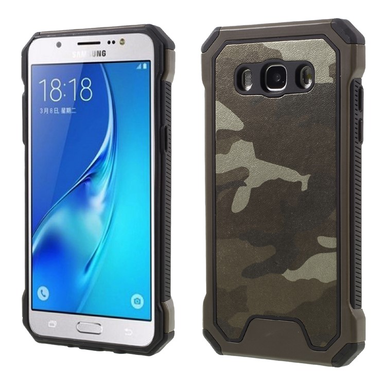 Cuir Camouflage Enduit PC TPU Hybride Cas De Téléphone Pour Samsung Galaxy J5 (2016) - Café-1