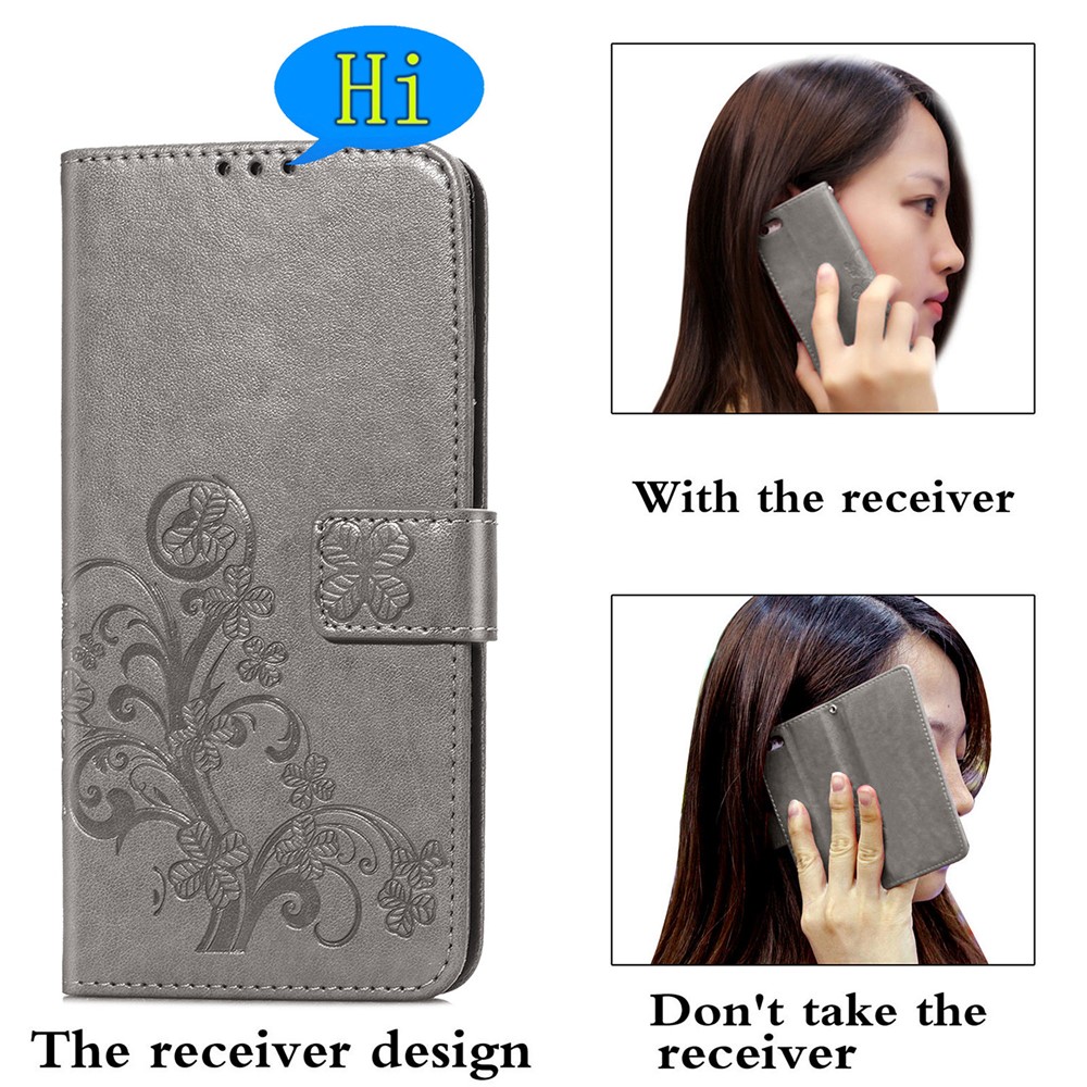 Flip Phone Cover Four-leaf Clover TPU+PU Leather Imprinted Wallet Stand Phone Case Protector for Samsung Galaxy S22 - Grey-3