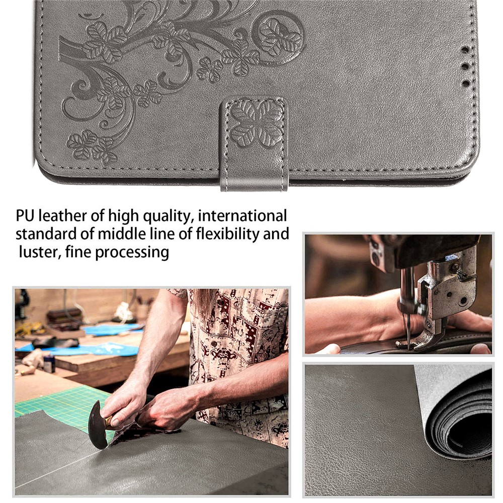 Flip Phone Cover Four-leaf Clover TPU+PU Leather Imprinted Wallet Stand Phone Case Protector for Samsung Galaxy S22 - Grey-4
