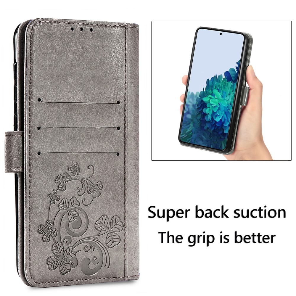Flip Phone Cover Four-leaf Clover TPU+PU Leather Imprinted Wallet Stand Phone Case Protector for Samsung Galaxy S22 - Grey-7