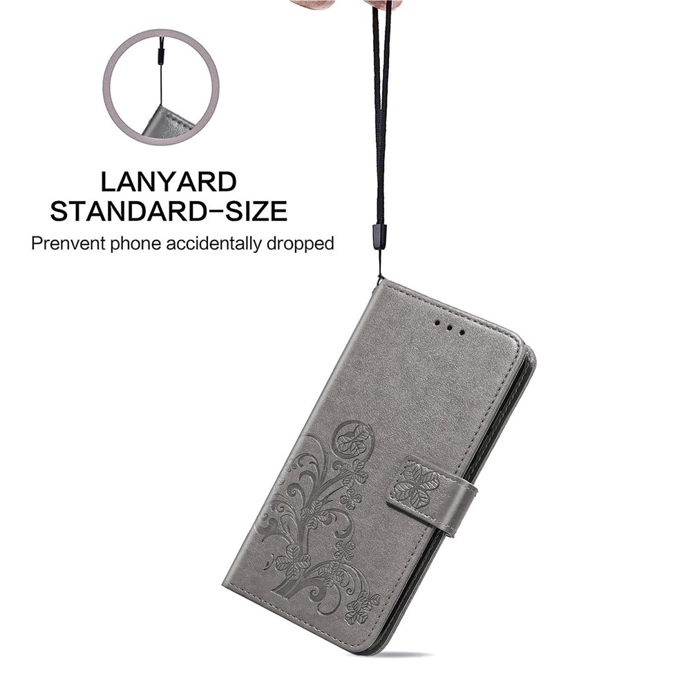 Flip Phone Cover Four-leaf Clover TPU+PU Leather Imprinted Wallet Stand Phone Case Protector for Samsung Galaxy S22 - Grey-9