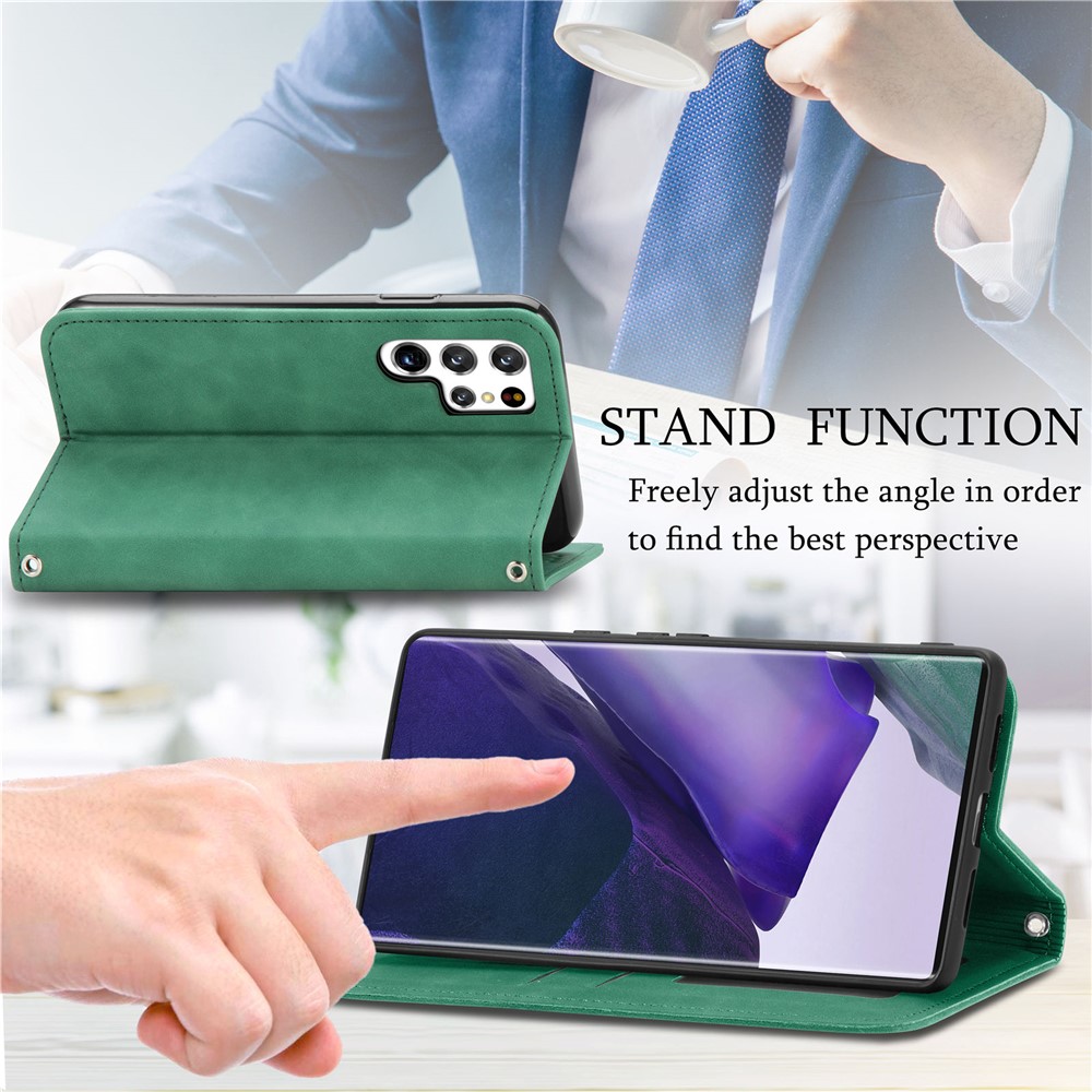 For Samsung Galaxy S22 Ultra Phone Protection Shell Retro Style Auto-closing Skin-Touch Surface TPU+PU Leather Flip Phone Case with Supporting Stand Card Slots - Green-2