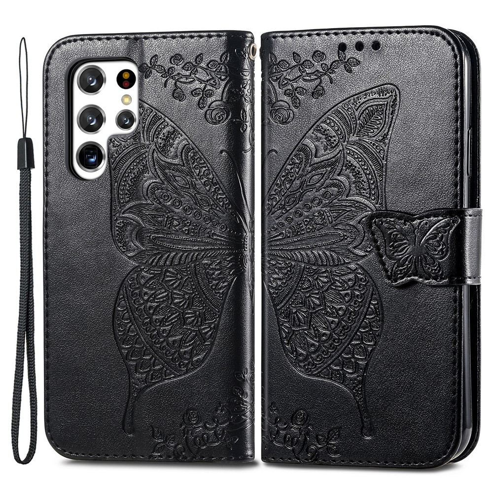 For Samsung Galaxy S22 Ultra Imprinted Butterfly Flower Scratch-resistant Fashionable PU Leather + TPU Shockproof Phone Case Flip Stand Cover with Strap - Black-1