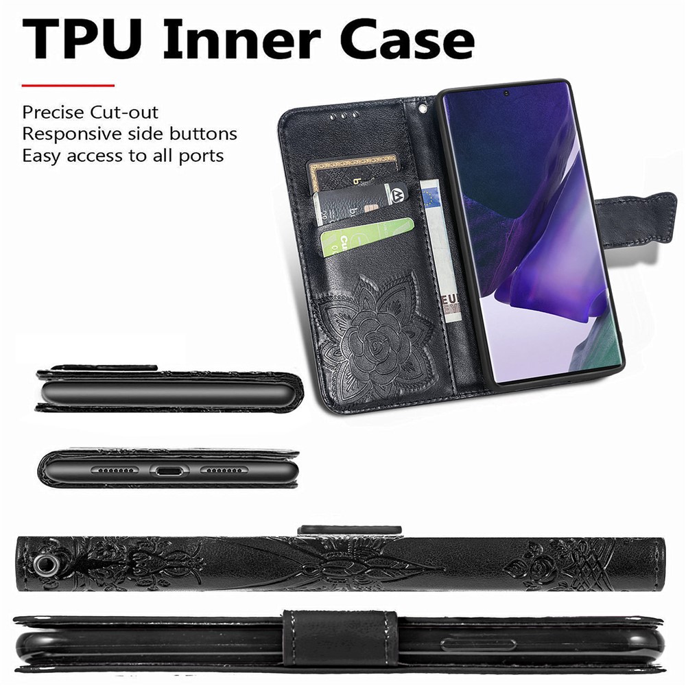 For Samsung Galaxy S22 Ultra Imprinted Butterfly Flower Scratch-resistant Fashionable PU Leather + TPU Shockproof Phone Case Flip Stand Cover with Strap - Black-4