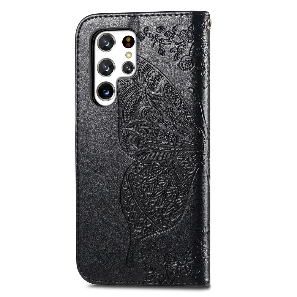 For Samsung Galaxy S22 Ultra Imprinted Butterfly Flower Scratch-resistant Fashionable PU Leather + TPU Shockproof Phone Case Flip Stand Cover with Strap - Black-9