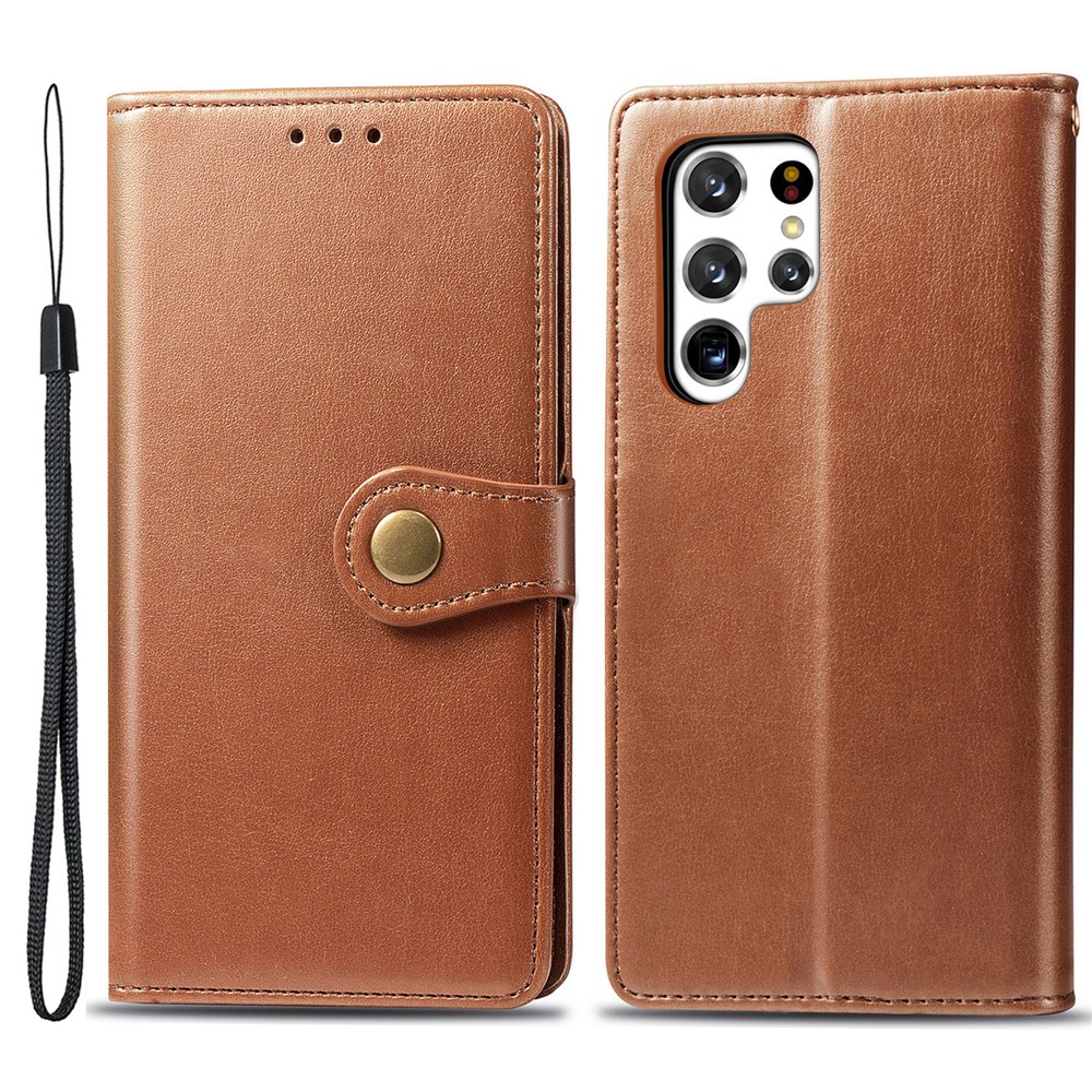 Solid Color Scratch-resistant PU Leather Wallet Stand Magnetic Round Buckle Flip Cover with Wrist Strap for Samsung Galaxy S22 Ultra - Brown-1