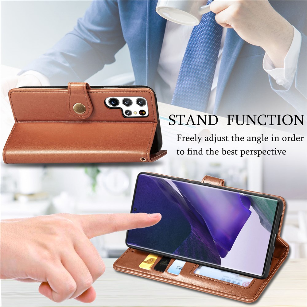 Solid Color Scratch-resistant PU Leather Wallet Stand Magnetic Round Buckle Flip Cover with Wrist Strap for Samsung Galaxy S22 Ultra - Brown-2