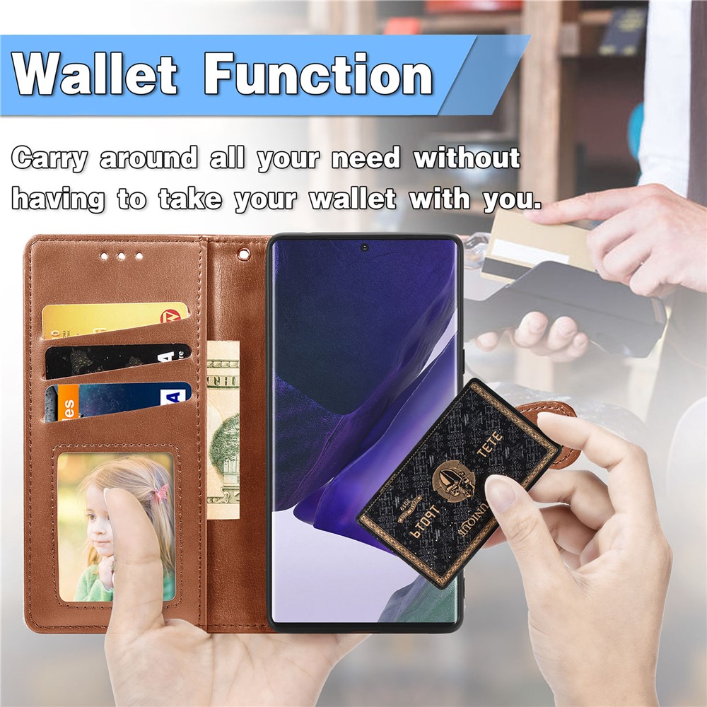 Solid Color Scratch-resistant PU Leather Wallet Stand Magnetic Round Buckle Flip Cover with Wrist Strap for Samsung Galaxy S22 Ultra - Brown-3