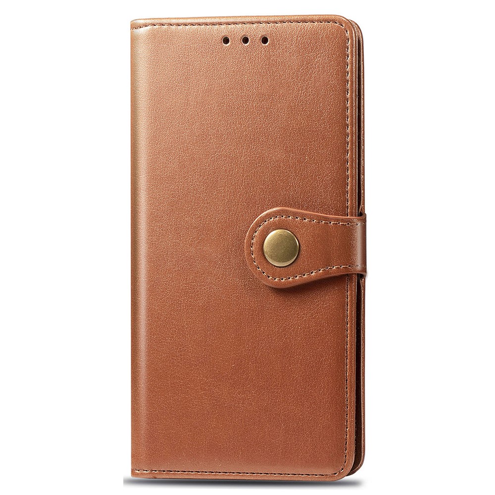 Solid Color Scratch-resistant PU Leather Wallet Stand Magnetic Round Buckle Flip Cover with Wrist Strap for Samsung Galaxy S22 Ultra - Brown-6