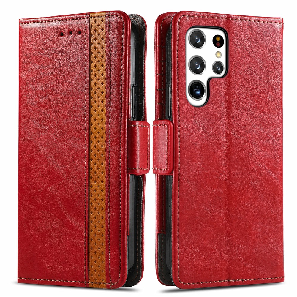 CASENEO 002 Series Business Style Anti-drop Splicing PU Leather RFID Blocking Wallet Stand Cover Case for Samsung Galaxy S22 Ultra - Red-1